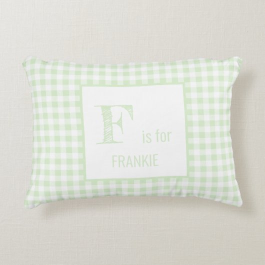 Gingham geruite pastel mintgroene & witte monogram accent kussen (Voorkant)