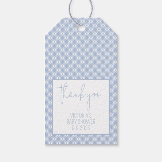 Gingham Gestreepte Pastel Stofblauw Baby Shower Cadeaulabel (Voorkant)