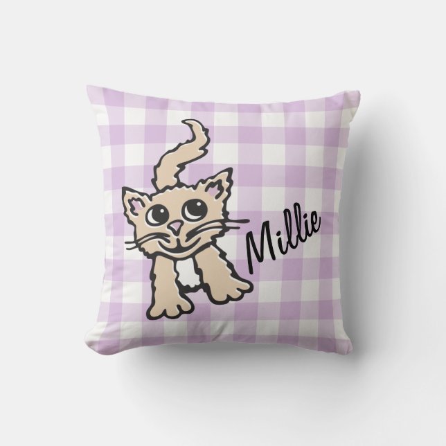 Gingham gevlekte kat paars en witte worp kussen (Voorkant)
