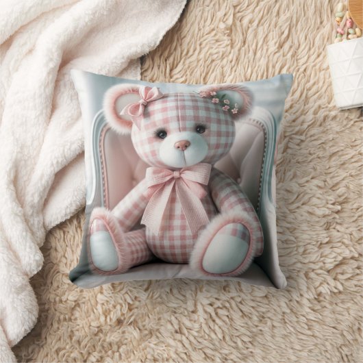 Gingham Girly Teddy Bear op een stoel Kussen (Deken)