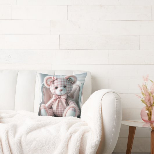 Gingham Girly Teddy Bear op een stoel Kussen (Bank)