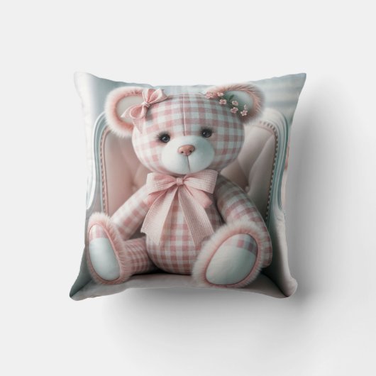 Gingham Girly Teddy Bear op een stoel Kussen (Achterkant)