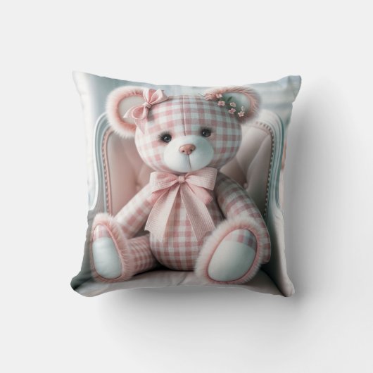 Gingham Girly Teddy Bear op een stoel Kussen (Voorkant)