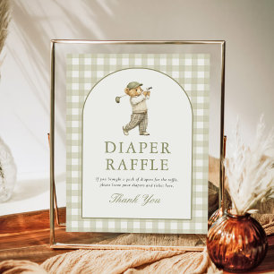 Gingham Golf Jongen Baby Shower Luier Raffle Bord Poster