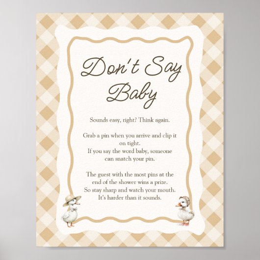 Gingham Goose Baby shower Zeg geen Baby-teken Poster (Voorkant)