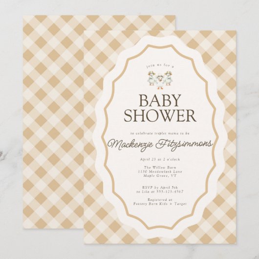 Gingham Goose Triplet Baby Shower Uitnodiging (Voorkant / Achterkant)