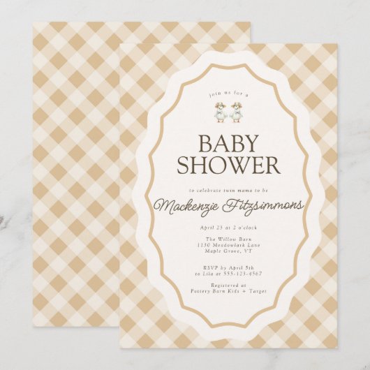 Gingham Goose Twin Baby shower Uitnodiging (Voorkant / Achterkant)