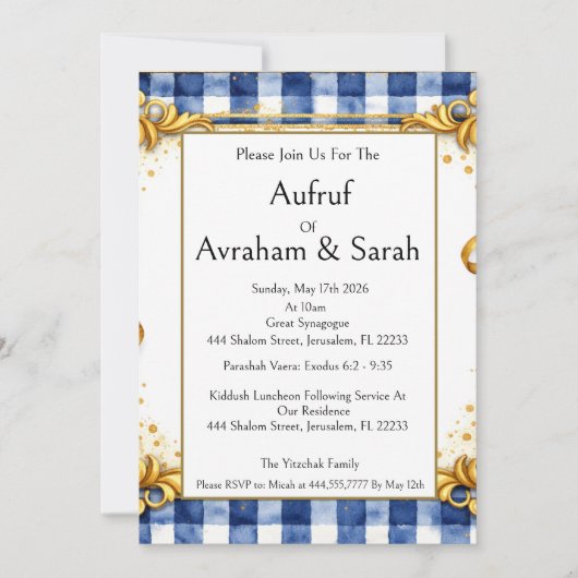 Gingham Goud Blauw Wit, Aufruf Joods, Luxe Kaart (Voorkant)