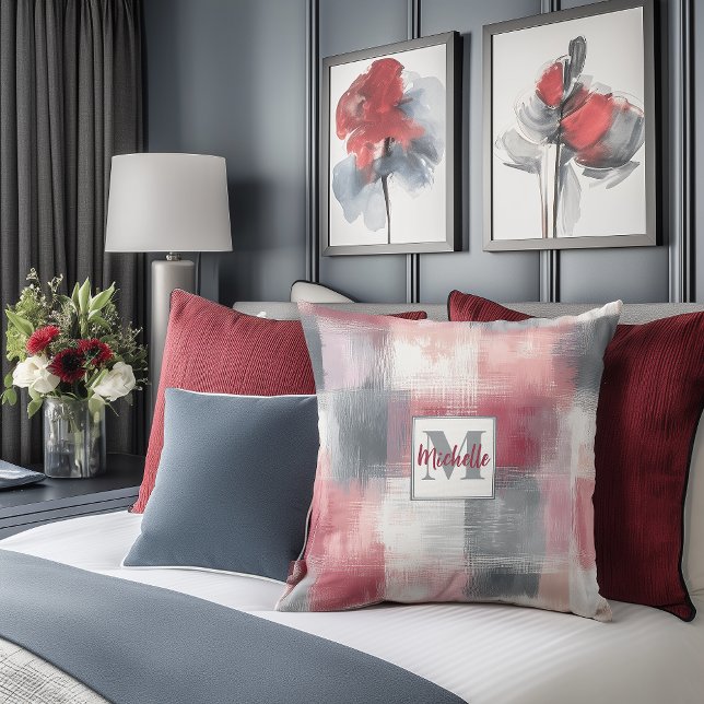 Gingham Grace Roze & Grijs Monogram Accent Pillow Kussen (Creator heeft geüpload)