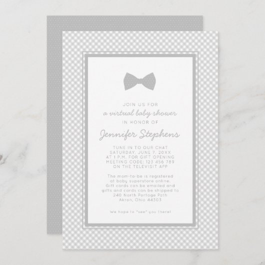 Gingham gray bow stropdas virtueel baby shower kaart (Voorkant / Achterkant)
