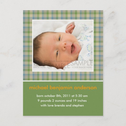 Gingham Green/Blue · Aankondiging Baby (Voorkant)