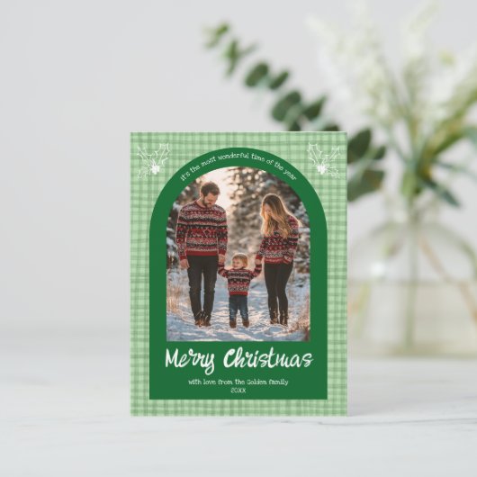 Gingham Green Christmas Custom Arch 3 Foto Feestdagenkaart (Staand voorkant)