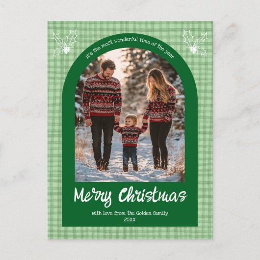 Gingham Green Christmas Custom Arch 3 Foto Feestdagenkaart (Voorkant)