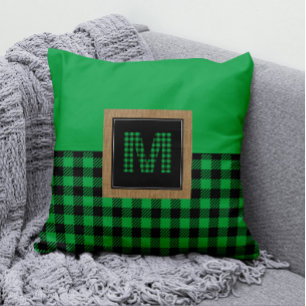Gingham Green- en Black Buffalo-spelmonogram Kussen