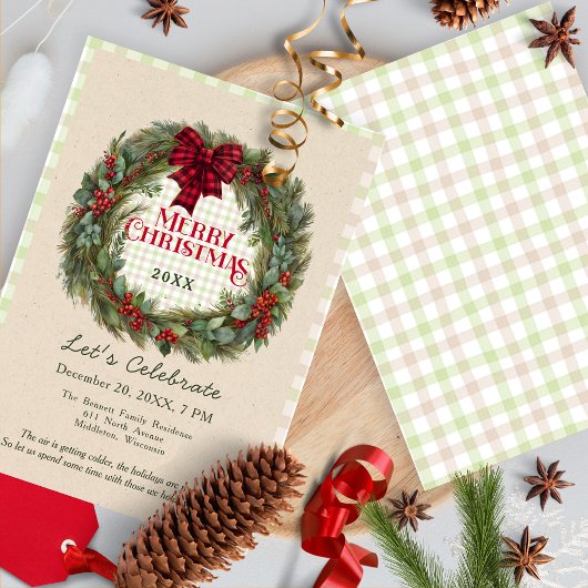 Gingham Green Red Wreath Farmhouse Kerstmis Kaart