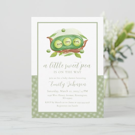 Gingham Greenery Sweet Pea In Pod Baby shower Kaart (Staand voorkant)