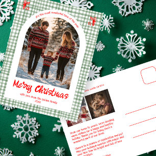 Gingham Groen Rood Kerstmis Aangepaste Boog 3 Foto Feestdagenkaart