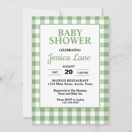 Gingham groene geruite babyshower uitnodiging (Voorkant)