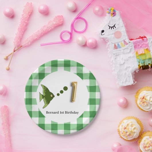 Gingham, Groene Vis & Ballon 1e Verjaardag Papieren Bordje (Feest)