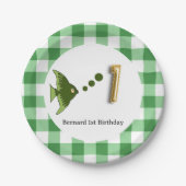 Gingham, Groene Vis & Ballon 1e Verjaardag Papieren Bordje (Voorkant)