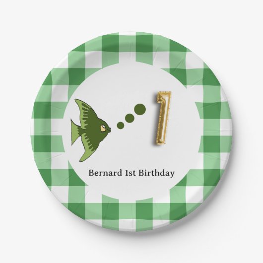 Gingham, Groene Vis & Ballon 1e Verjaardag Papieren Bordje (Voorkant)