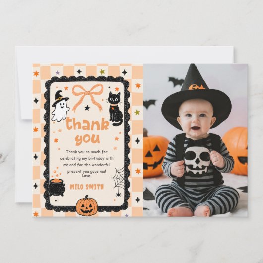 Gingham Halloween Verjaardag Foto Bedankkaart (Voorkant)