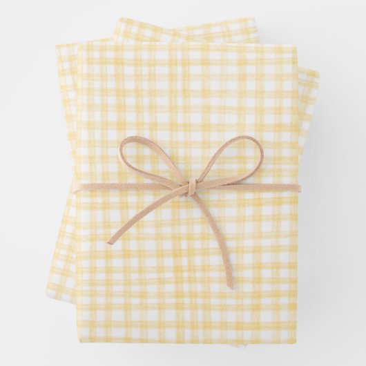 Gingham Handgetekend Modern Schattig Geel Wit Prep Inpakpapier Vel (In situ)