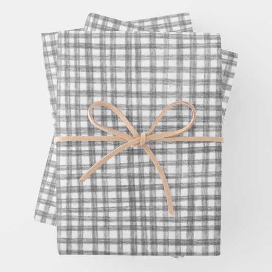 Gingham Handgetekend Modern Schattig Grijs Wit Pre Inpakpapier Vel (In situ)