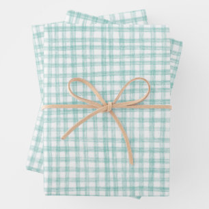 Gingham Handgetekend Modern Schattig Groen Wit Pre Inpakpapier Vel