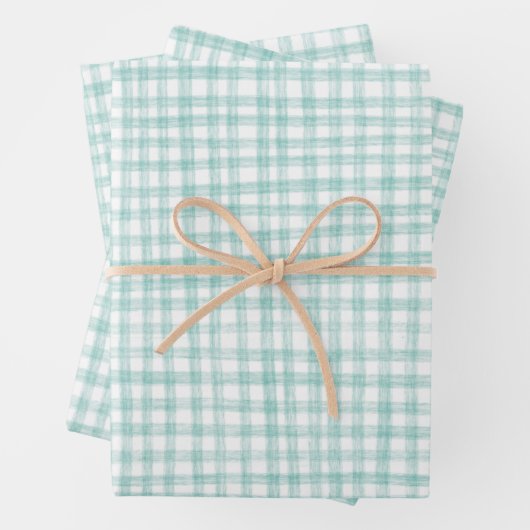 Gingham Handgetekend Modern Schattig Groen Wit Pre Inpakpapier Vel (In situ)