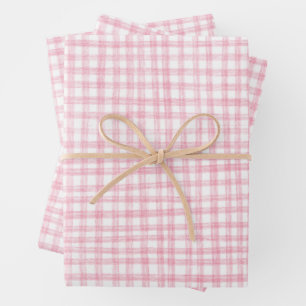 Gingham Handgetekend Modern Schattig Roze Wit Prep Inpakpapier Vel