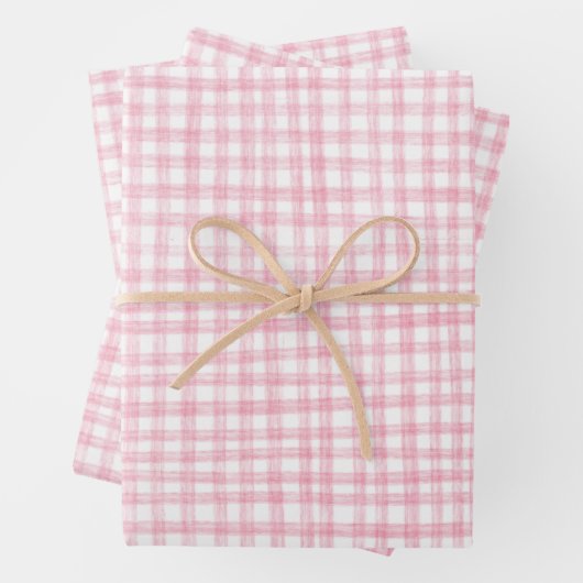 Gingham Handgetekend Modern Schattig Roze Wit Prep Inpakpapier Vel (In situ)