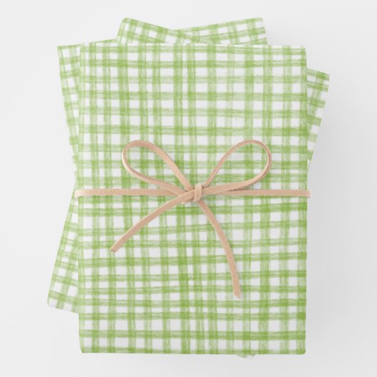 Gingham Handgetekende Moderne Cute Groen Witte Pre Inpakpapier Vel (In situ)