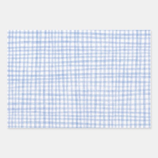 Gingham handgetekende moderne Schattigee blauw-wit Inpakpapier Vel (Voorkant)