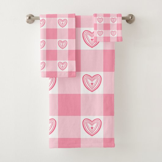 Gingham harten roze badhanddoek set bad handdoek (Insitu)