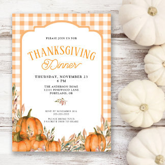 Gingham Herfst Pompoenen Thanksgiving Diner Kaart
