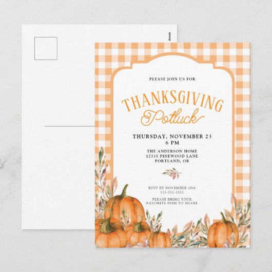 Gingham Herfstpompoenen Thanksgiving Potluck Feestdagenkaart (Voorkant / Achterkant)