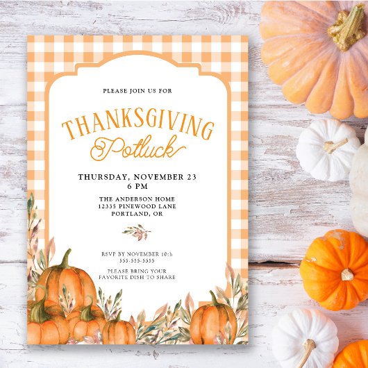 Gingham Herfstpompoenen Thanksgiving Potluck Kaart