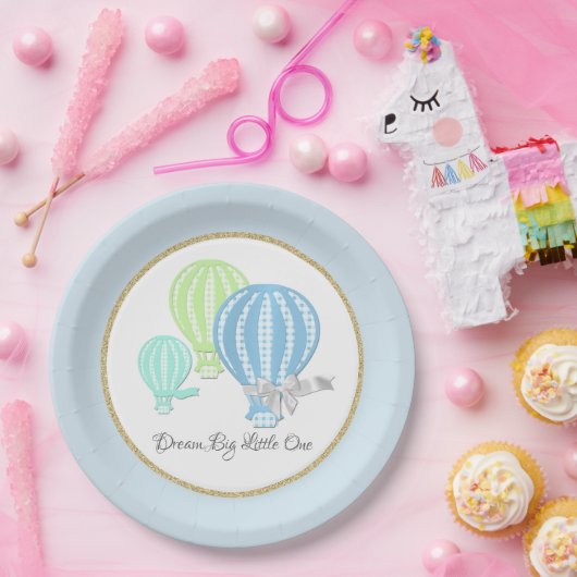Gingham Hete Luchtballon Baby Blauw Papieren Bordje (Feest)