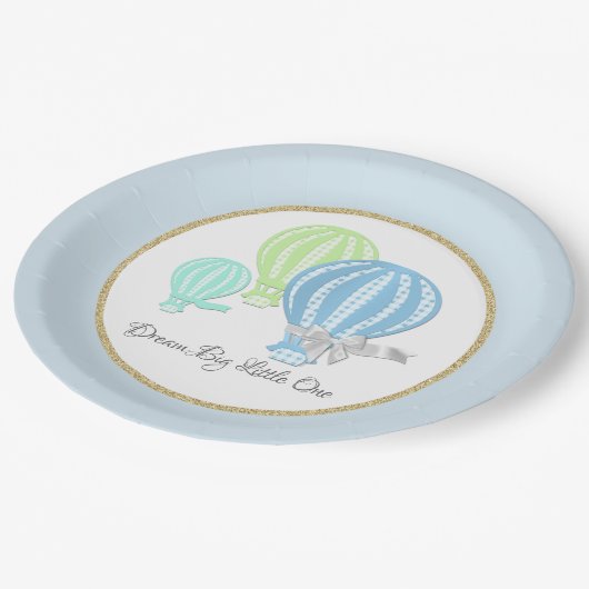 Gingham Hete Luchtballon Baby Blauw Papieren Bordje (Gekanteld)