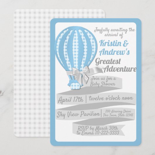 Gingham Hete Luchtballon Blauw Baby shower Kaart (Voorkant / Achterkant)