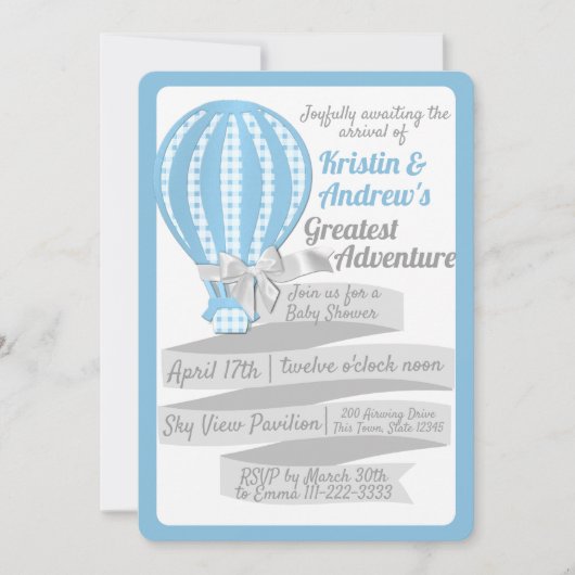Gingham Hete Luchtballon Blauw Baby shower Kaart (Voorkant)