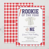 Gingham Honkbal 1e Verjaardag Kaart (Voorkant / Achterkant)