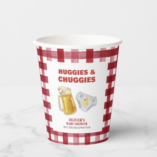 Gingham Huggies Chuggies Beer Diaper Baby Shower Papieren Bekers (Voorkant)