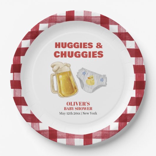 Gingham Huggies Chuggies Beer Diaper Baby Shower Papieren Bordje (Voorkant)