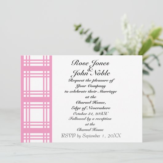 Gingham Ivory (Roze) Wedding Uitnodiging (Staand voorkant)