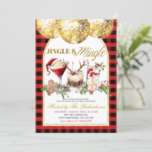 Gingham Jingle Mingle Christmas Cocktail Party Kaart (Staand voorkant)