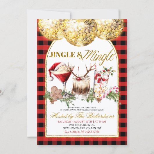 Gingham Jingle Mingle Kerstcocktailfeest Kaart (Voorkant)