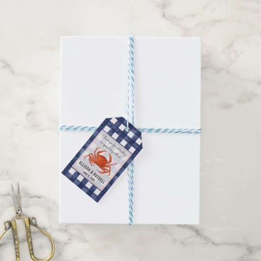 Gingham krab kustbruiloft cadeaulabel (Met Touw)