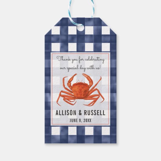 Gingham krab kustbruiloft cadeaulabel (Voorkant)